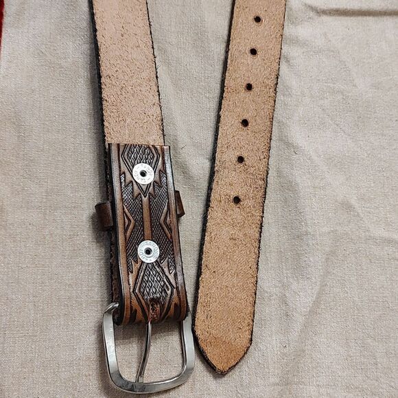 Brown Leather Tooled Men's Belt with Silver Buckle Size 40 - Picture 6 of 11